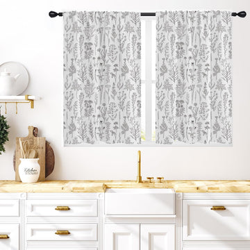 Vintage Floral Kitchen Window Curtains 27.5 x 39 Inch Small Short Mini Cafe Rod Pocket Retro Flower Black Grey and White Living Bedroom Room Home Treatment Set of 2 Curtain Panels Drapes Tiers