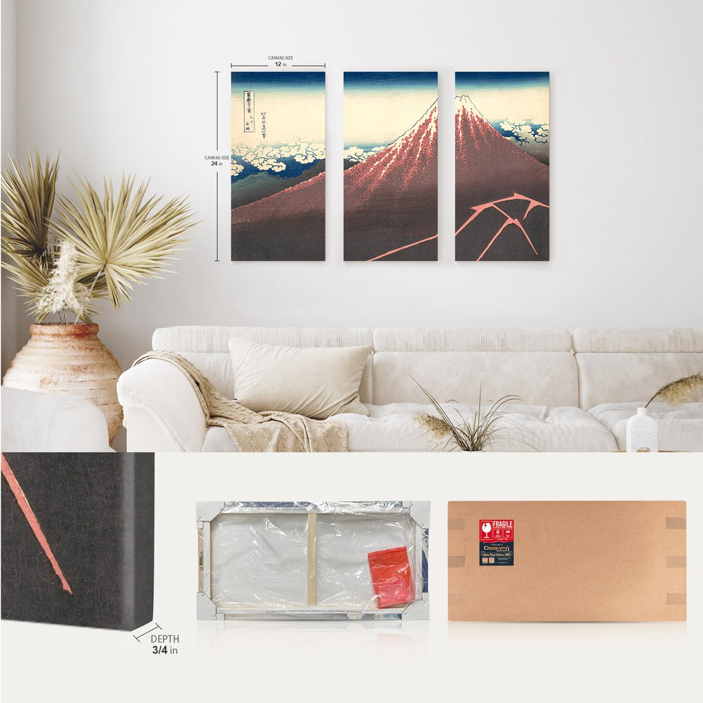 Japanese Wall Art, Black Fuji Hokusai Storm 3 Piece, 36x24''