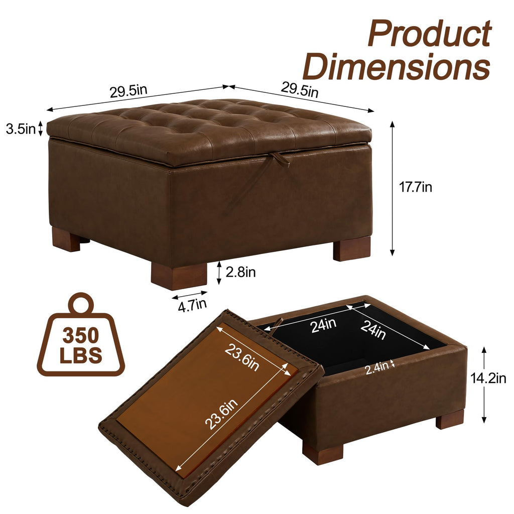 30" Faux Leather Square Storage Ottoman with Wooden Tray, Modern Tufted Button Footstool Coffee Table, Upholstered