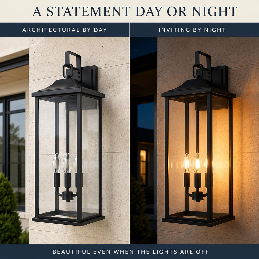 24 Inch 1 Pack Outdoor Wall Sconce, 3-Light Candelabra Exterior Porch Light with Clear Glass, Matte Black Finish