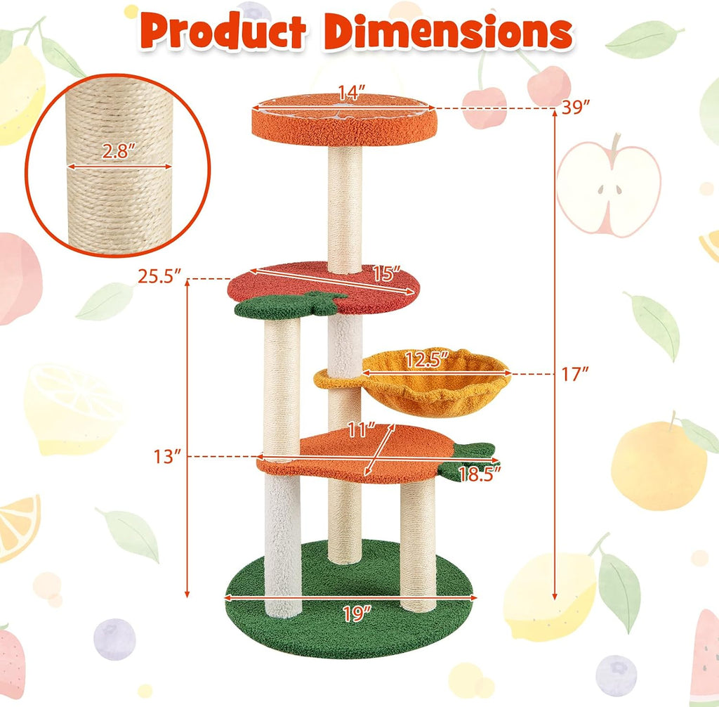 Fruit Cat Tree, Multi-Level Cute Cat Tower with Sisal Scratching Posts, Padded Top Perch, Rotatable Basket, Apple &