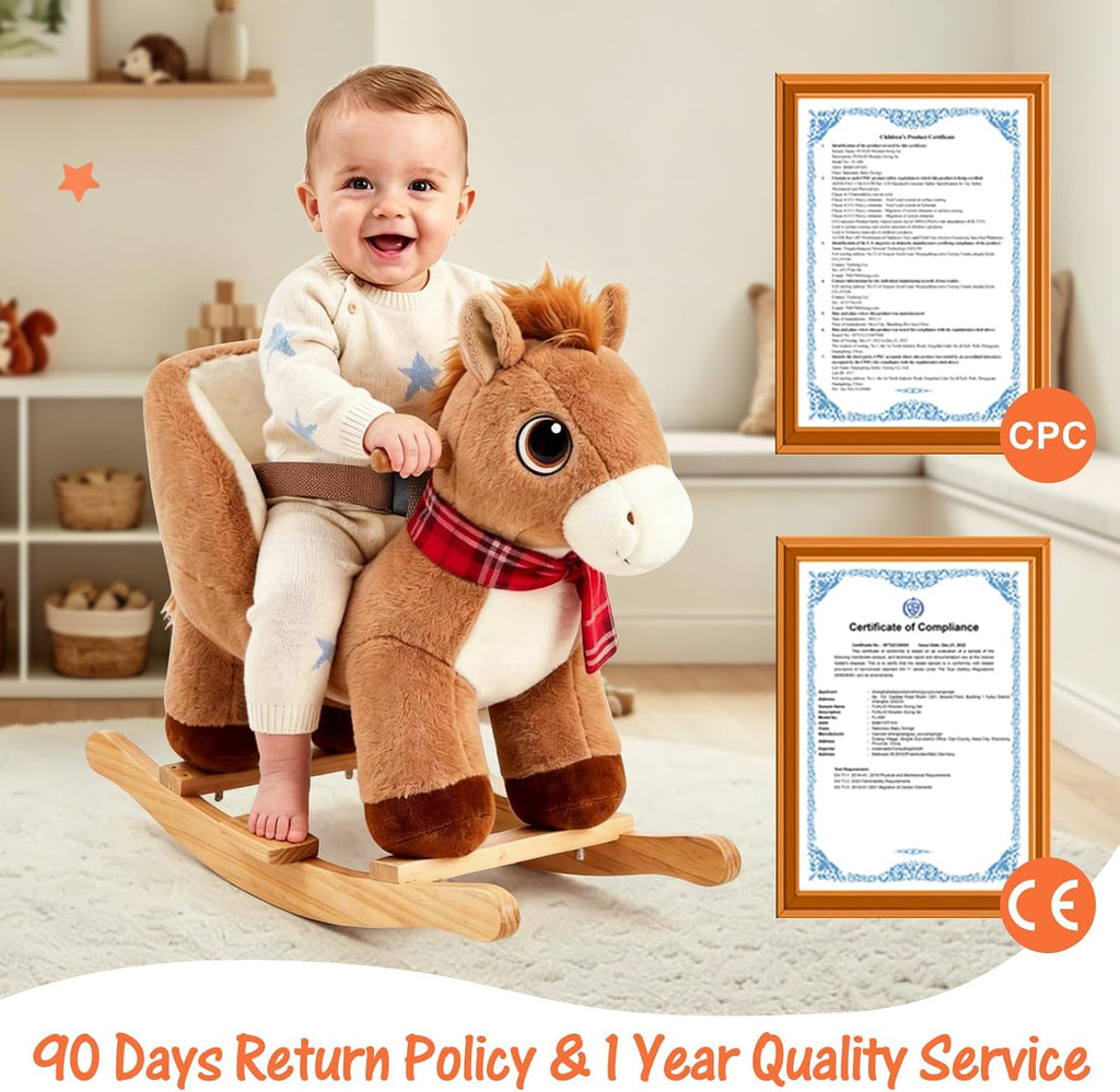 Pony Rocking Horse for Toddlers 6 Months to 3 Years, Cute Baby Rocking Horse with Safety Belt, Stuffed Plush Ride on