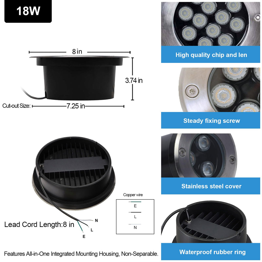 8 Inch LED Path Lights, 120V Hardwired Ground Uplights, 4-Pack