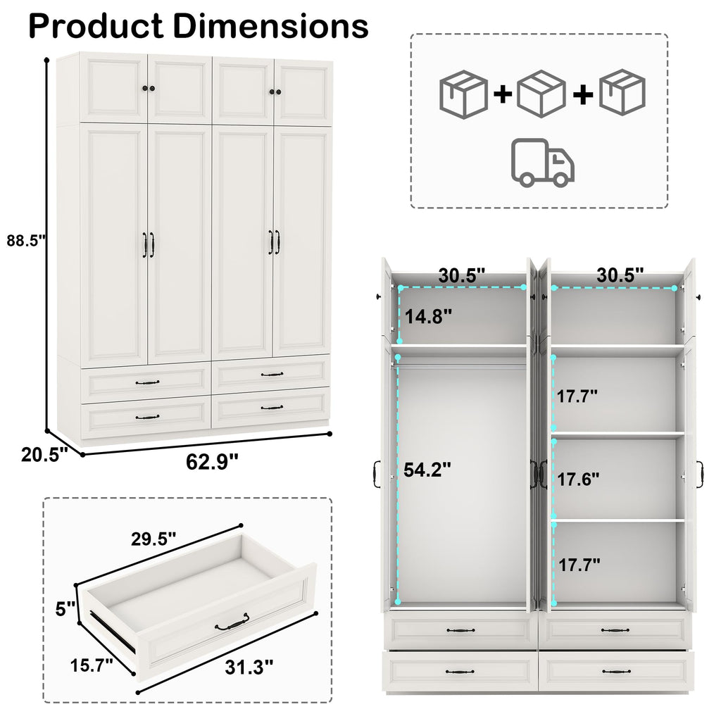White Armoire Wardrobe Closet with 4 Drawers: 89" H x 63" W