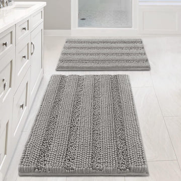 Non Slip Thick Shaggy Chenille Bathroom Rug Mat Set Extra Soft and Absorbent Striped Floor Rugs, 2 Piece