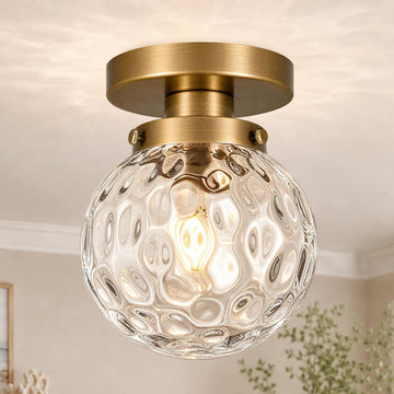 Small Semi Flush Mount Ceiling Light Fixtures, Vintage Globe Hammered Clear Glass Ceiling Light Fixture, Gold Hallway