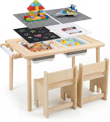 Sensory Table and Chair Set, Wooden Sand & Water Activity Set w/Adjustable Height, Dual Sided Top, 2 Bins, Paper Roll