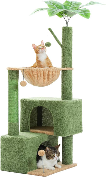 45-Inch Green Cat Tree with 2 Condos for Indoor Cats, Cat Tower with Scratching Posts for Small Cats, Cactus Cat Tree