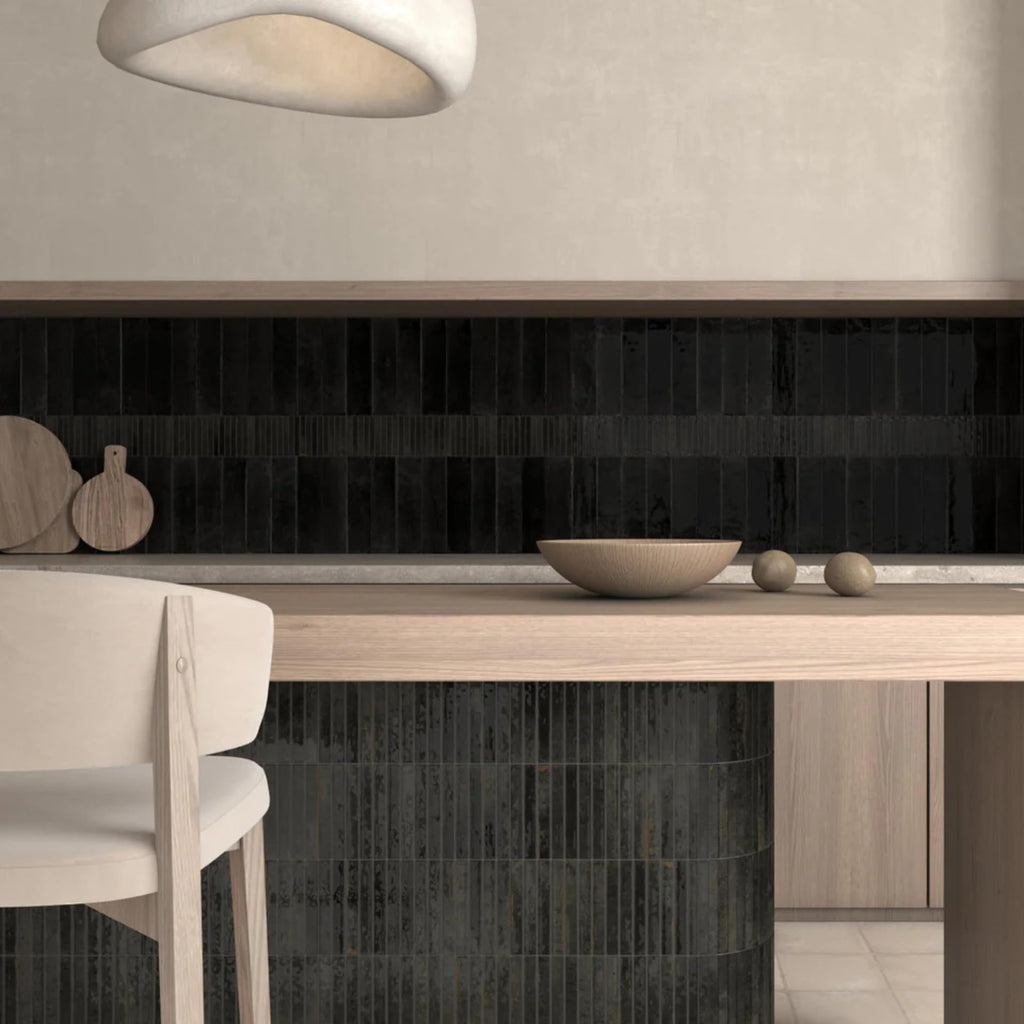 Scandia Glossy Black 4.5x9 Ribbed Porcelain Wall Tile, 3D KitKat Fluted Decorative Tile Backsplash, Bathroom, Shower