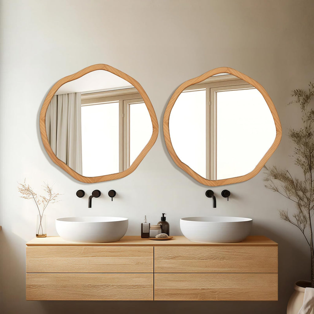 Irregular Round Wood Mirror 30 Inch, Natural Wall Mirror