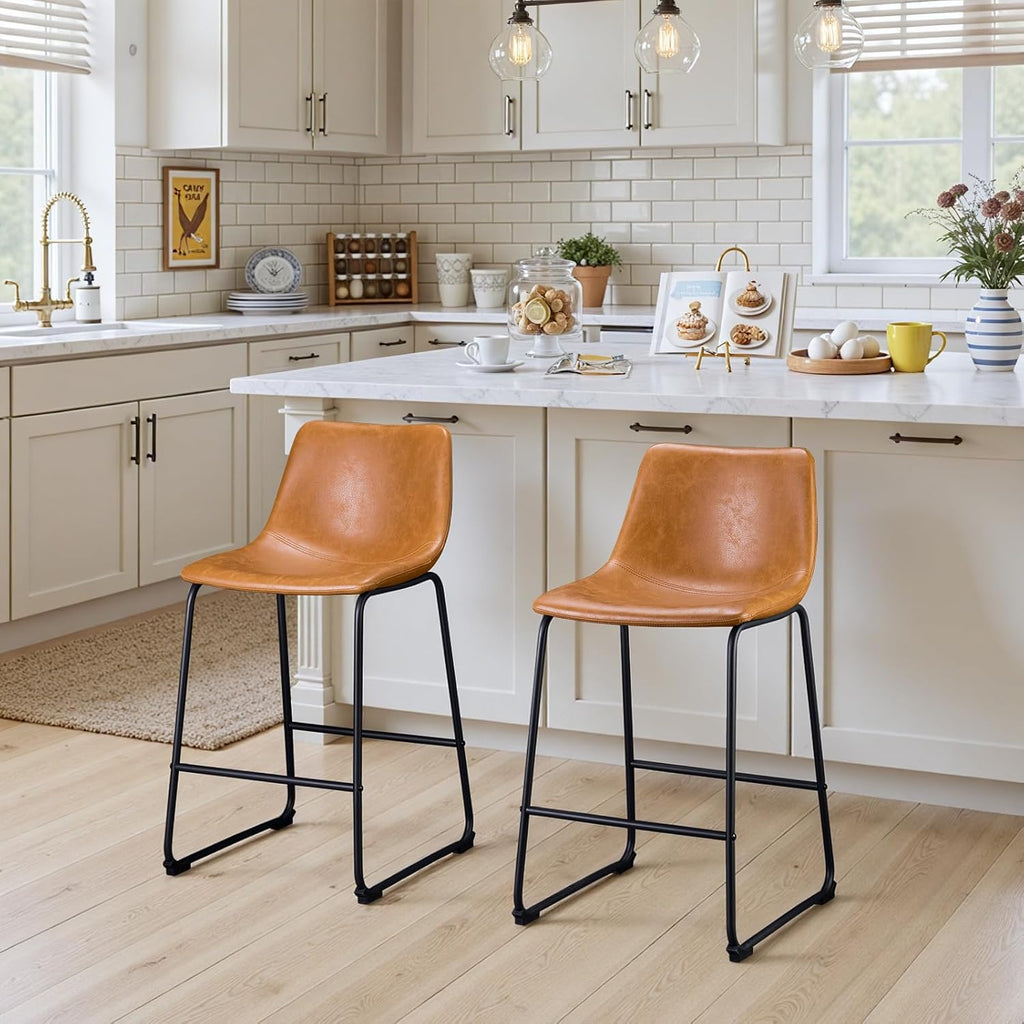26 Inch Bar Stools Set of 2, Counter Height Bar stools Island, Modern Crazy Horse Leather Bar Stool with Back