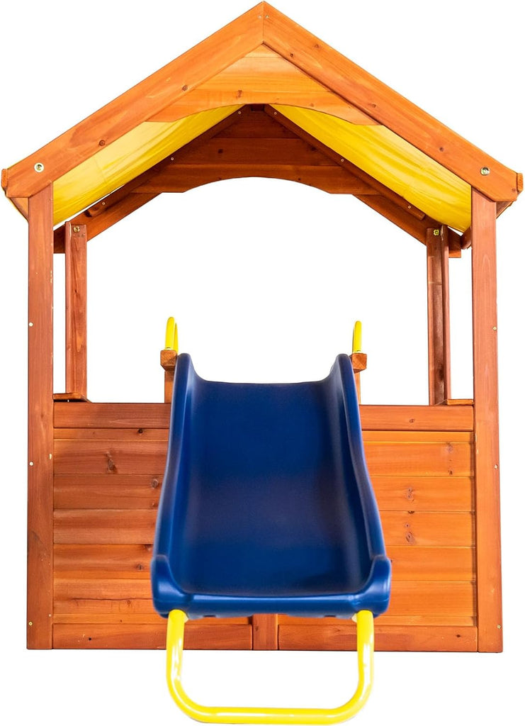 Encinitas Wooden Playhouse with 4' Slide, Yellow Canopy & Table, Outdoor Backyard Playhouse for Kids with Ladder