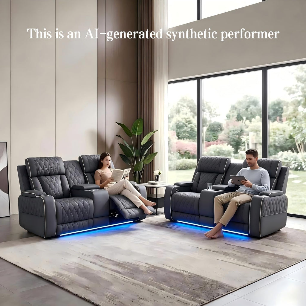 2 Piece Recliner Loveseat Set, Power Reclining Leather Couch with LED Lights, USB Charging, Cup Holders & Storage