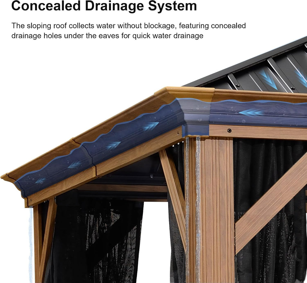 10' X 12' Outdoor Hardtop Gazebo Galvanized Steel Double Roof Permanent Canopy Teak Finish Coated Aluminum Frame