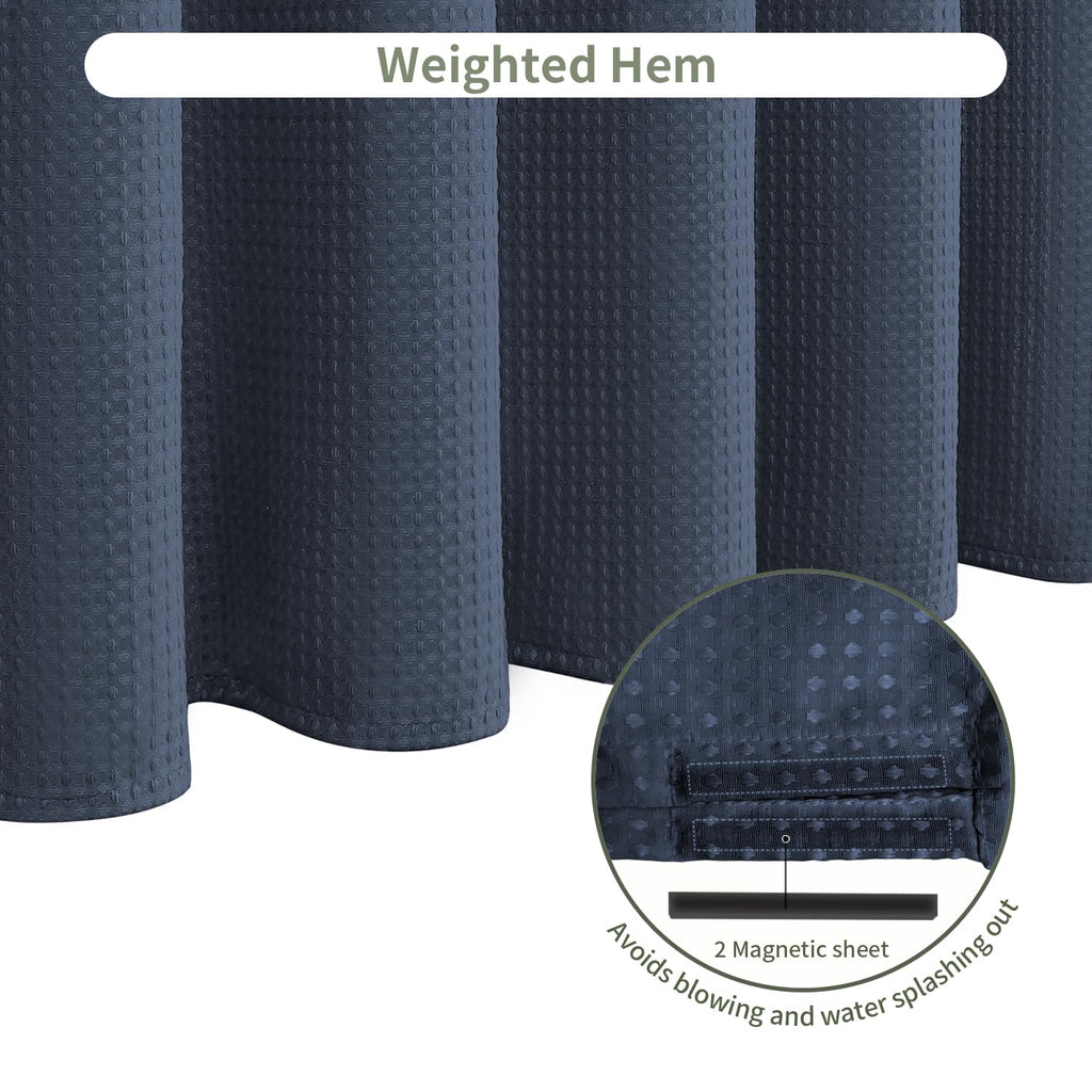 Fabric Shower Curtain, Waffle Weave 230 GSM Polyester, Weighted Hem, Metal Hooks Included, Water Repellent Washable