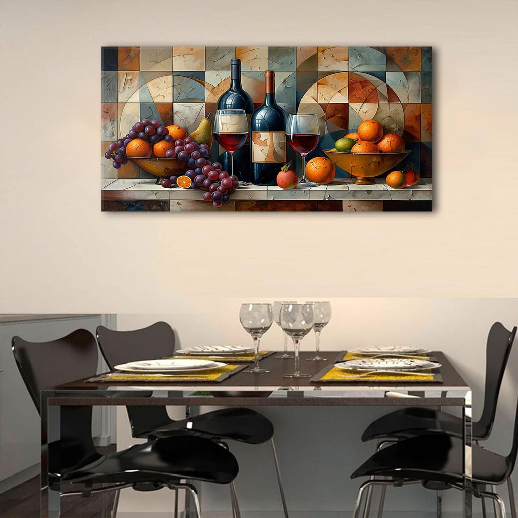 Abstract Kitchen Wall Art Geometric Wall Decor Red Wine Glass Fruits Canvas Prints Pictures Rustic Farmhouse Still