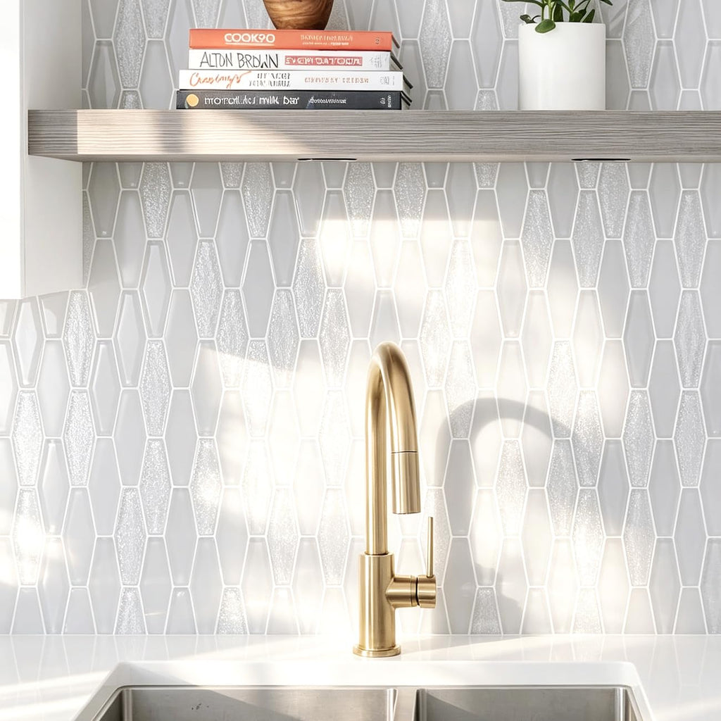 8mm Thick Picket Glass Mosaic Tile Backsplash & Bathroom Feature Wall, Elongated Hexagon Geometric Pattern, Textured