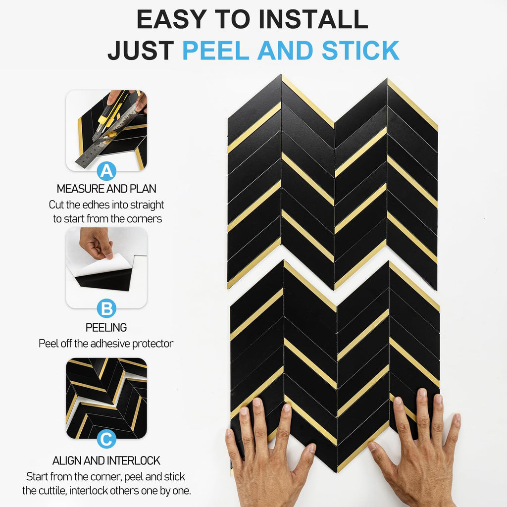 Black Marble Gold Herringbone Tiles (10-Pack, 8 Sq Ft)