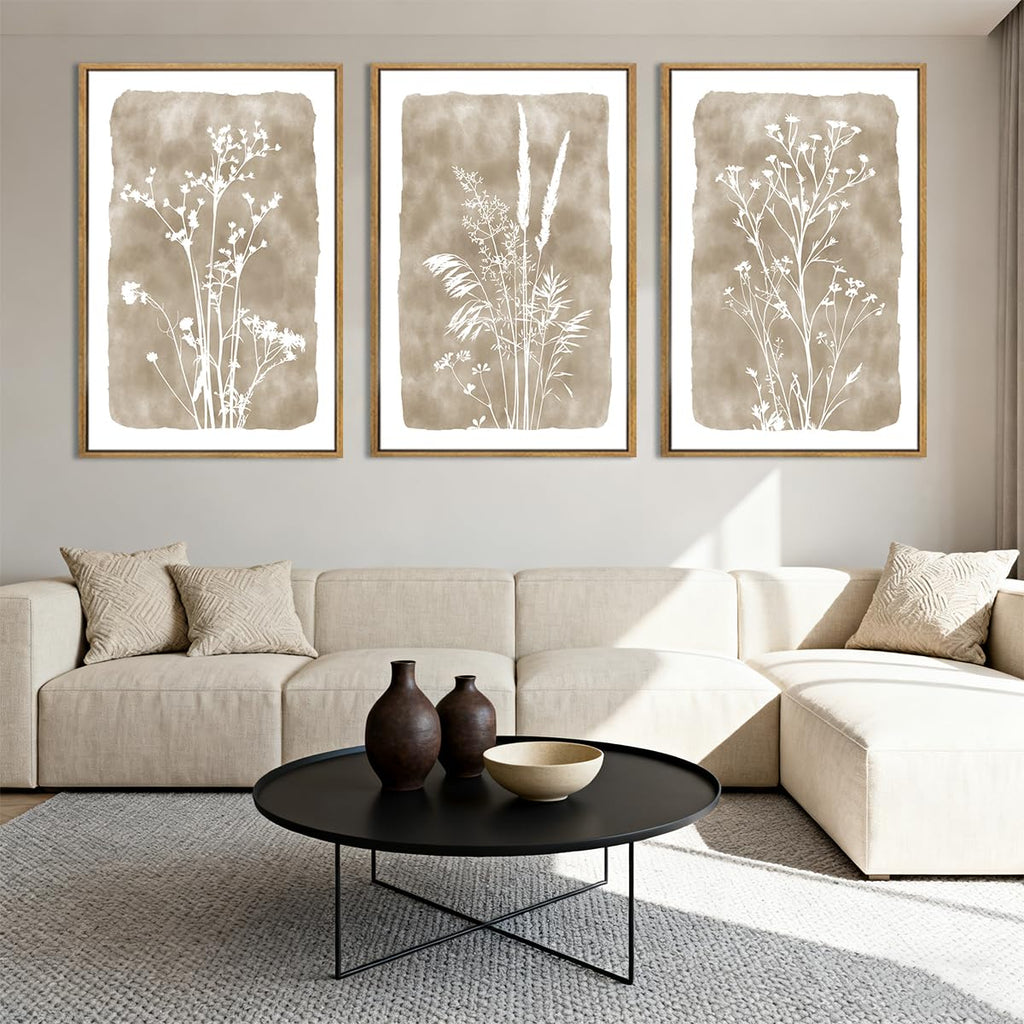 Beige Neutral Floral Canvas Wall Art 16x24 Inch Framed Brown Botanital Wall Decor Large Rustic Farmhouse Wildflower