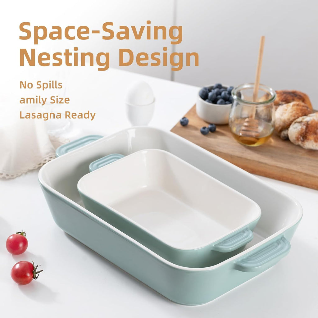 Ceramic Dish Set, 3+1QT Casserole Dish, Lasagna Pan 2Pack | Premium Durable Lead-free Glaze, Elegant Teal Easy clean