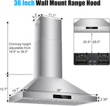 36 Inch Stainless Steel Wall Mount Range Hood 1200 CFM 4 Speed Gesture & Touch Control, LED Lights Dishwasher-Safe Baffle Filters, Ducted Timer