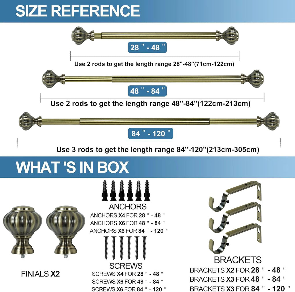 1-inch Diameter Doorknob Adjustable Single Drapery Curtain Rod, 48-inch to 84-inch, Antique Brass