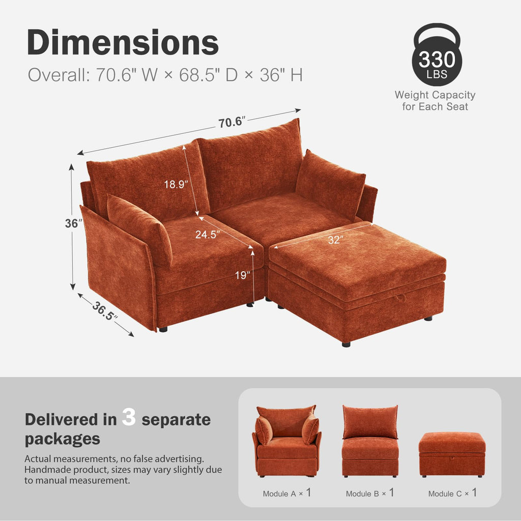 Luxury Modular Sectional Sofa, L-Shaped 3-Seat Couch with Storage Ottoman Deep Seat & Reversible Chaise Lounge