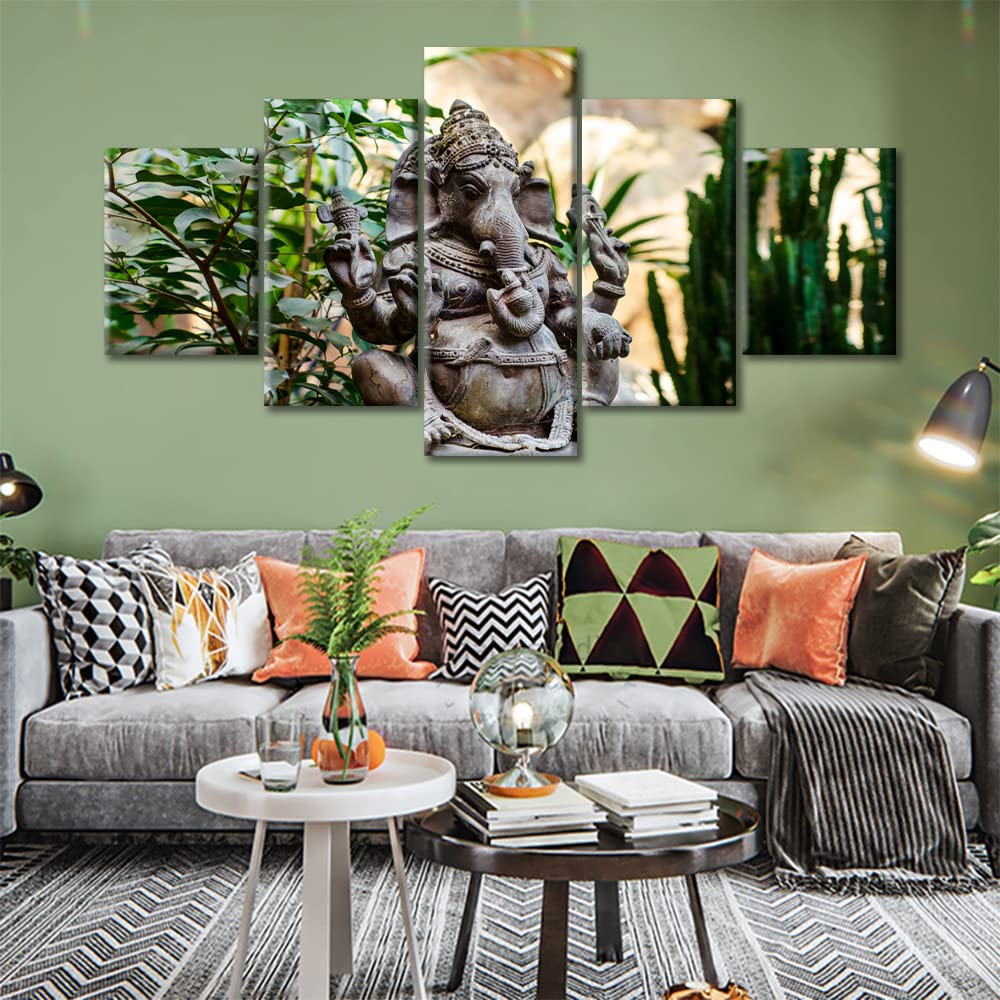 5 Piece Ganesha Wall Decor Ganesha Metal Figure in the Jungle Canvas Paintings Black and White Wall Art Hindu God