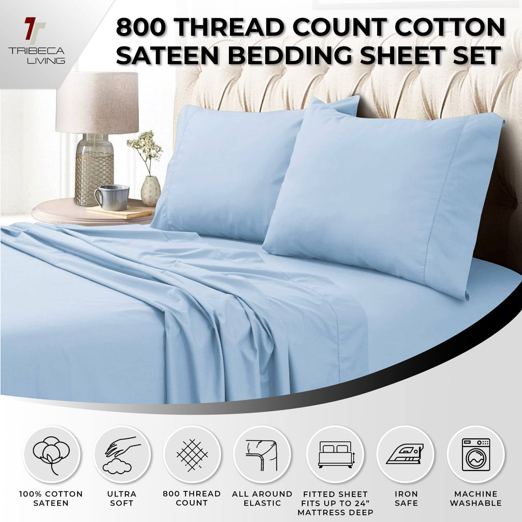Egyptian Cotton Sateen 800 Thread Count Hemstitched Deep Pocket Sheet Set, King, Blue