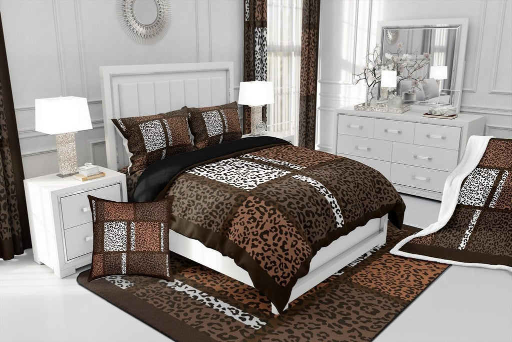 Leopard Print Duvet Cover Queen Size African Cheetah Wildlife Patchwork Comforter Cover for Teens Adults Brown White