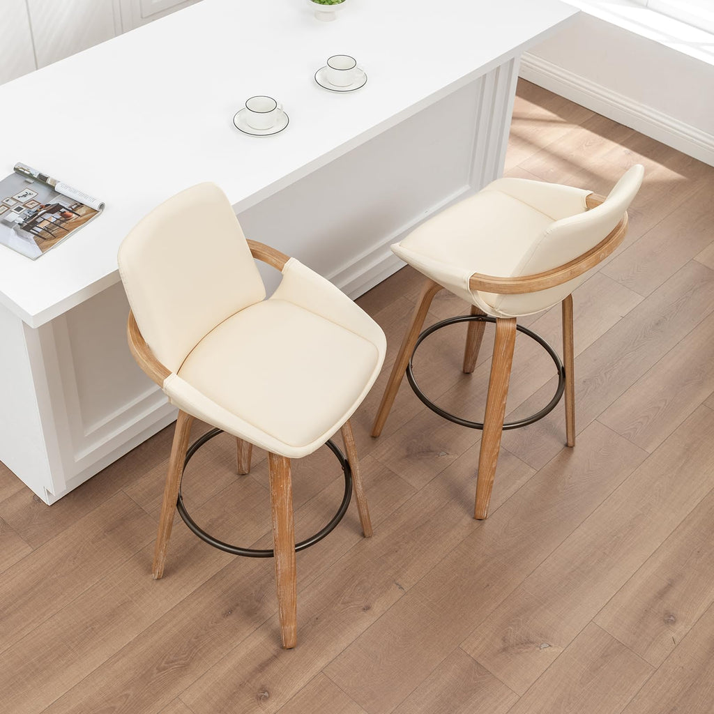 25.2" Swivel Bar Stool with Back Cream White Leather Kitchen Barstool Chair