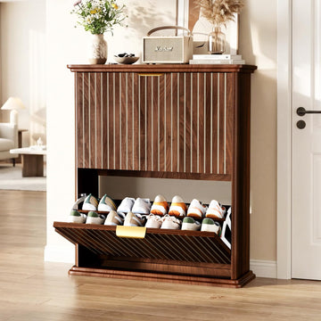 Walnut Slim Shoe Storage Cabinet with Fluted Doors, 31.5" Modern Hidden Shoe Rack with 2 Flip Drawers, Rounded