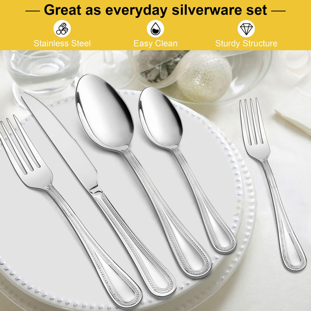 60-Piece Silverware Set for 12, Stainless Steel Flatware Cutlery Set with Pearled Edge, Include Forks Spoons and