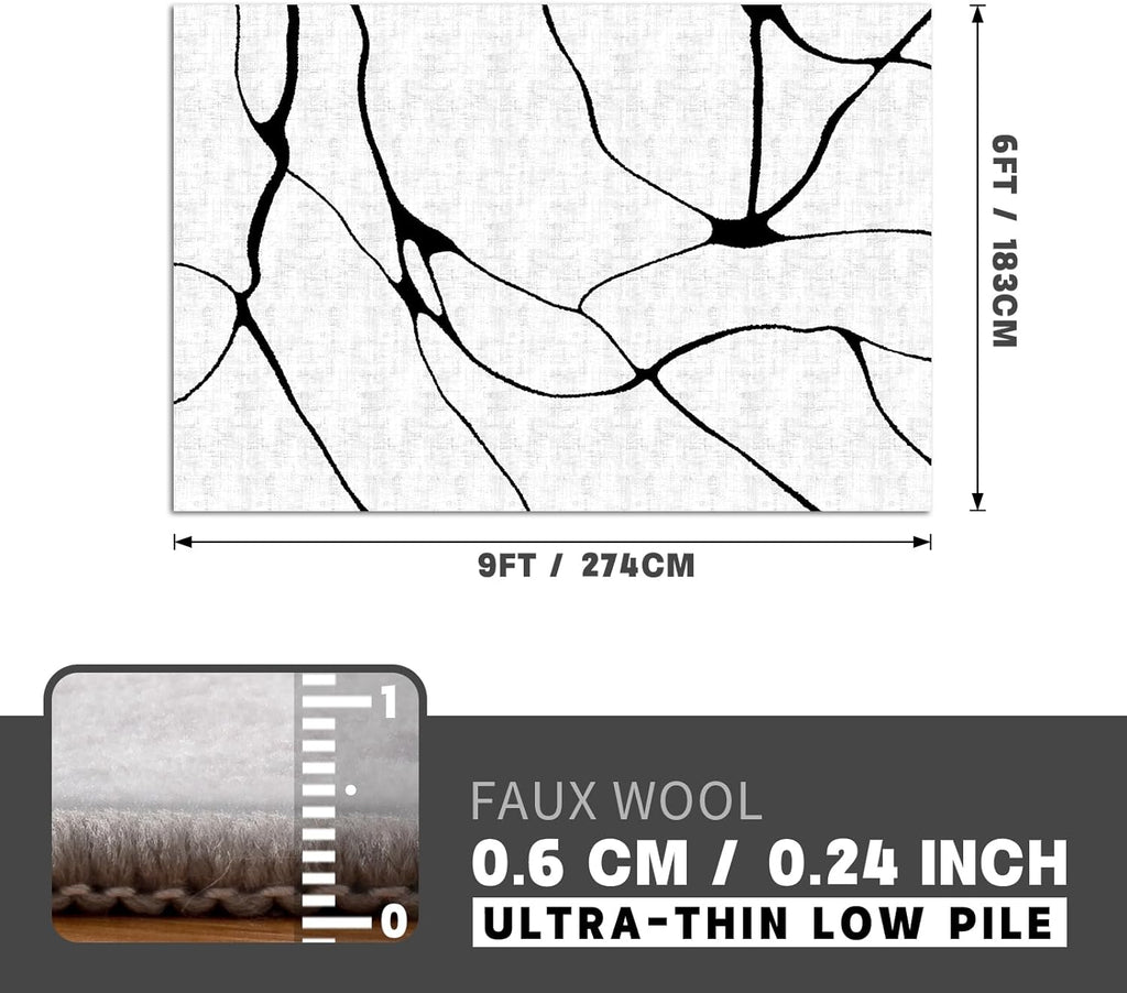 6x9 Abstract Black and White Area 6'x9' - Washable Non-Slip Ultra-Thin Rug, Stain Resistant Low Pile Soft Rug for Living