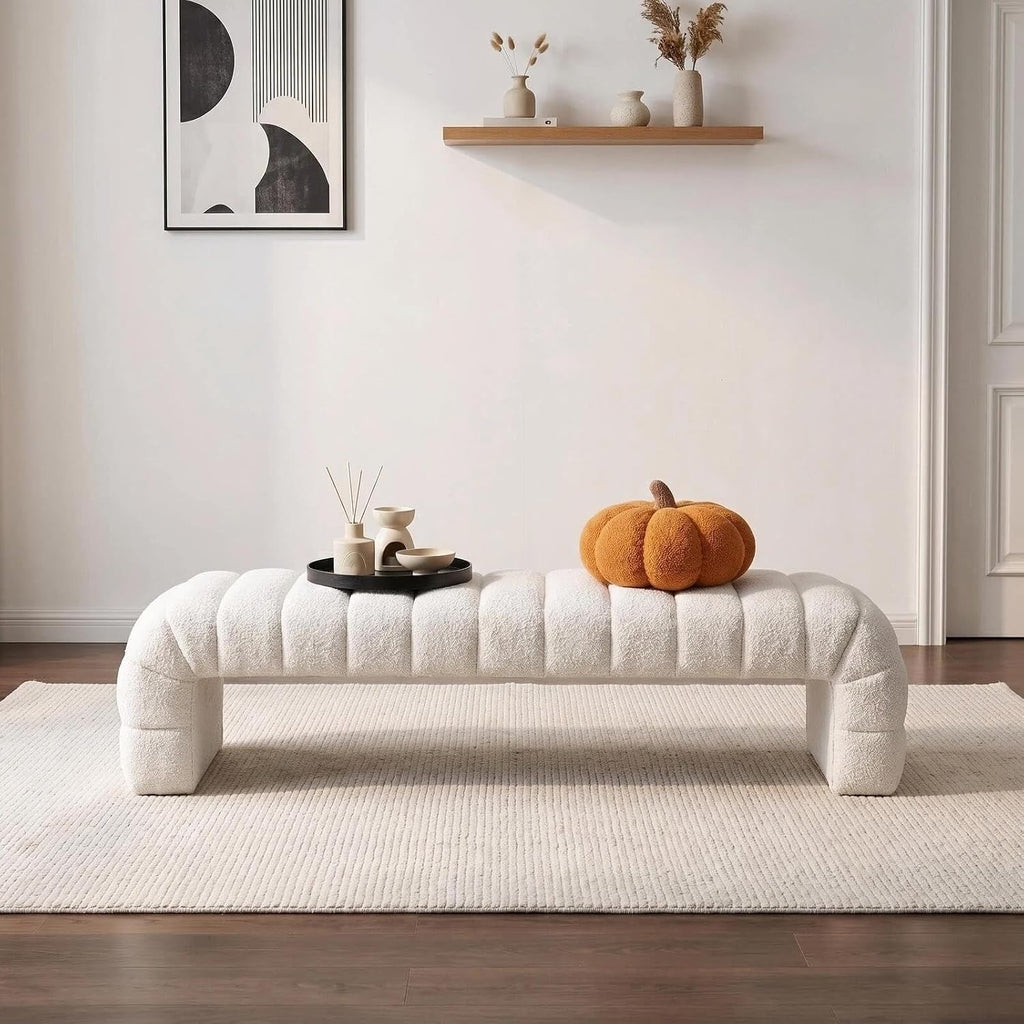 Arched Channel Tufted Chenille Bench, Ivory, 69.7 in | End of Bed Bench for King Size, Modern Upholstered Armless Bed