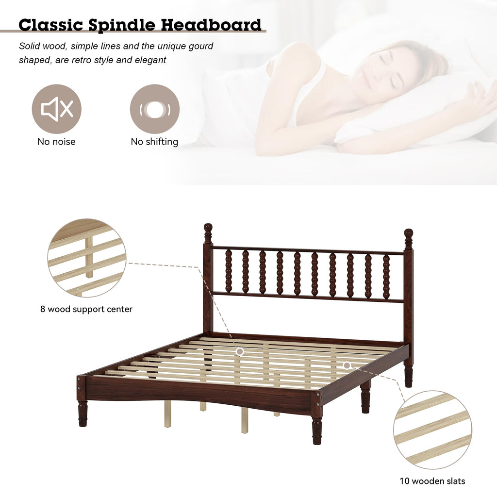 Walnut Spindle Bed Frame Queen Size with Wooden Headboard