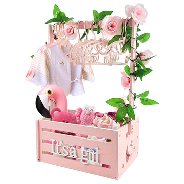 Wooden Baby Shower Crate Closet, Baby Storage Crate Hamper with Handle, Garland and 10 Clothes Hangers, Baby Shower