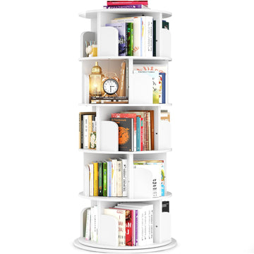 Rotating Bookshelf Tower, 5 Tier Wood Spinning Bookcase, White