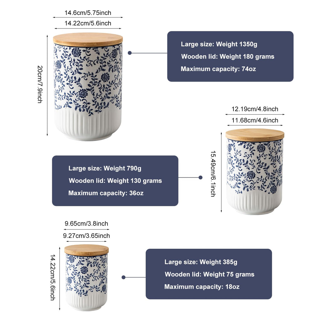 3 Pcs 74/36/18 oz Ceramic Canisters Sets