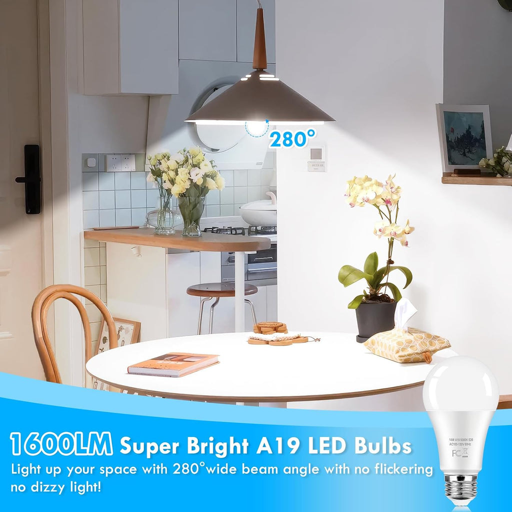 LED Light Bulbs 100 Watt Equivalent 1600 Lumens, A19 14W Super Bright Daylight White 5000K LED Bulbs, Standard E26