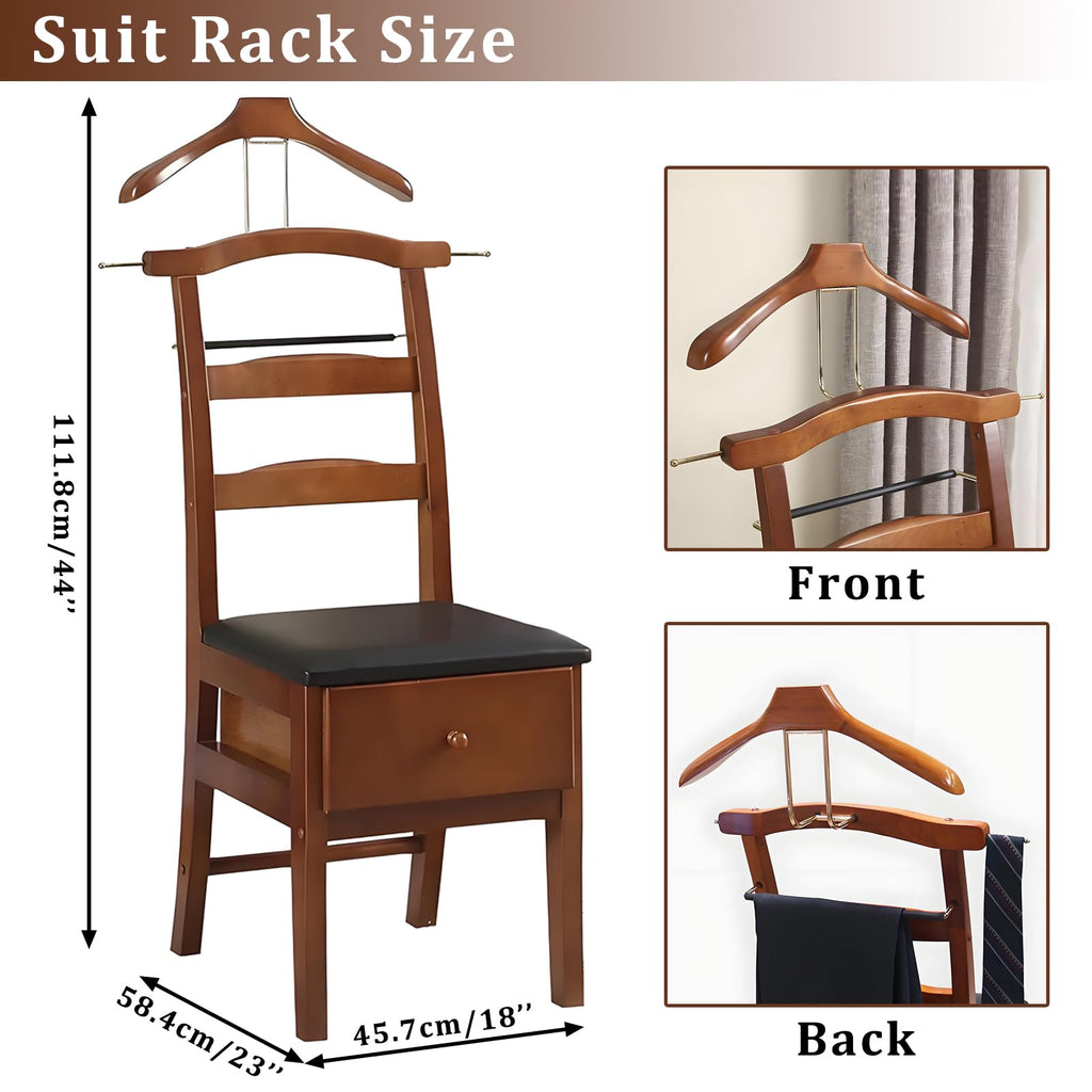 Wooden Valet Chair, Suit Valet Chair with Hanger Rack & Storage Drawer