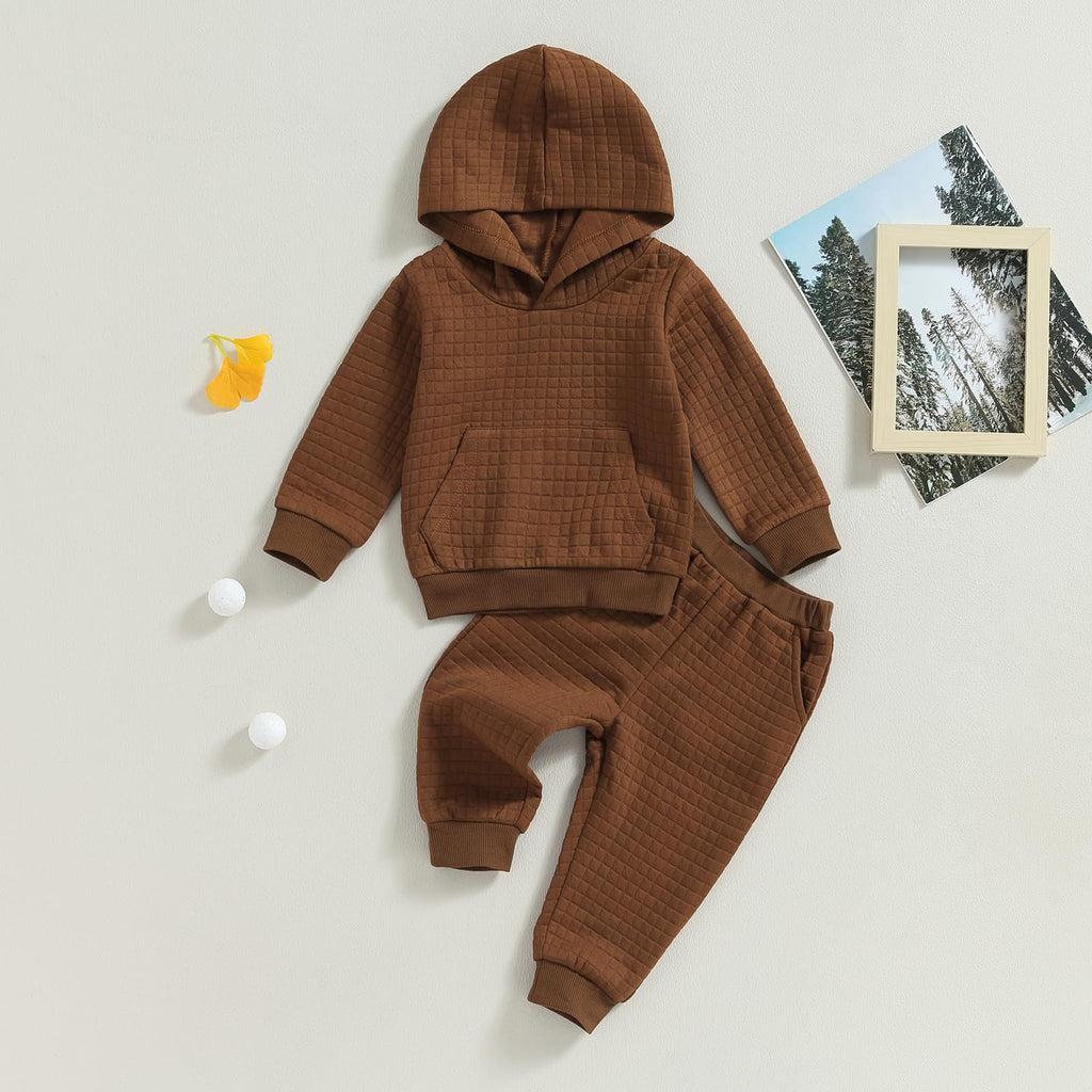 Winter Toddler Boy Girl Clothes Set Long Sleeve Hoodies Sweatshirt Pants Solid Color Sweatsuit Fall Outfits (Coffee
