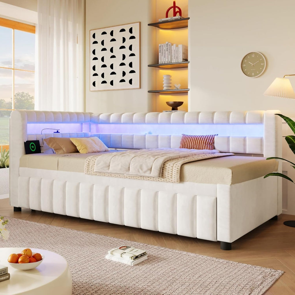 Twin XL to King Size L-Shaped Daybed with Pop-up Trundle, White | Vertical Channel Tufted Upholstered Corner Day Bed