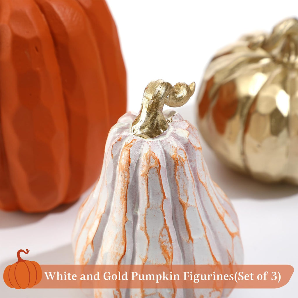 3 Pack Fall Pumpkin Decor White and Gold Resin Pumpkin Statues