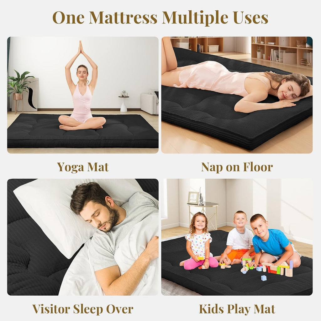 Futon Mattress Full Size, 4" Thicken Japanese Futon Mattress Sleeping Pad, Corduroy Foldable Floor Mattress, Roll Up