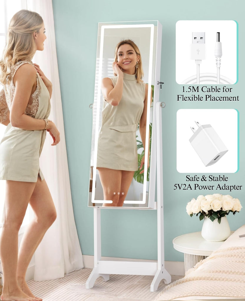 Lockable LED Standing Mirror with Storage, 60.2 in Jewelry Cabinet