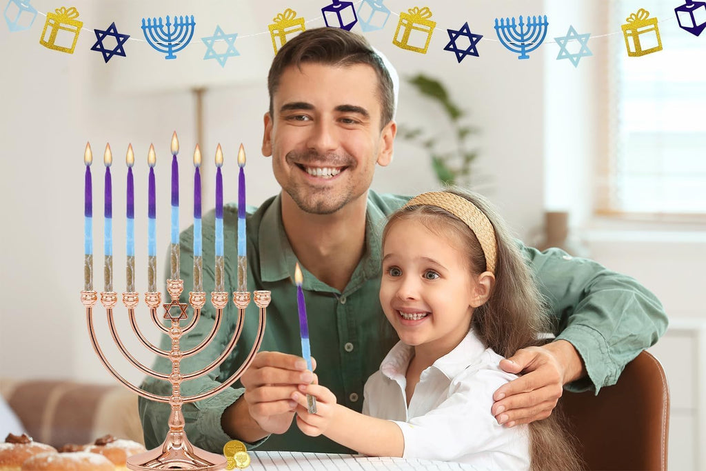 Dripless Hanukkah Candles 45 Hanukkah Candles Decorative Purple, with Blue & Gold Frosted Stripes 1-Hour Burn Time - Set of 45