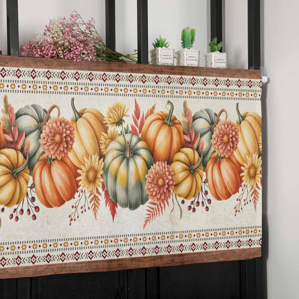 Orange Pumpkins Fall Valances Window Treatment Farmhouse Decor, Boho Thanksgiving Botanical Floral Rod Pocket Valance
