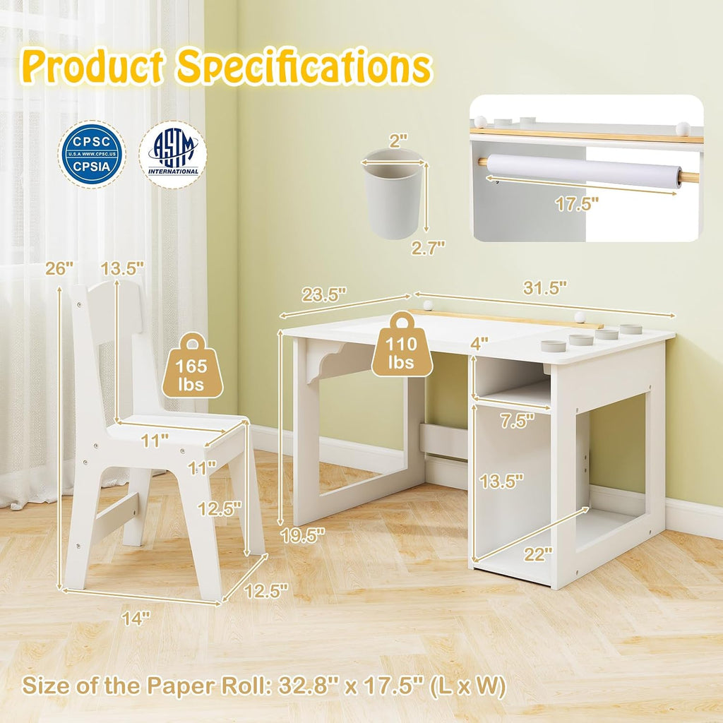 White Kids Table and Chair Set, Wooden Arts and Crafts Activity Table w/Paper Roller, 4 Paint Cups & Storage Shelves