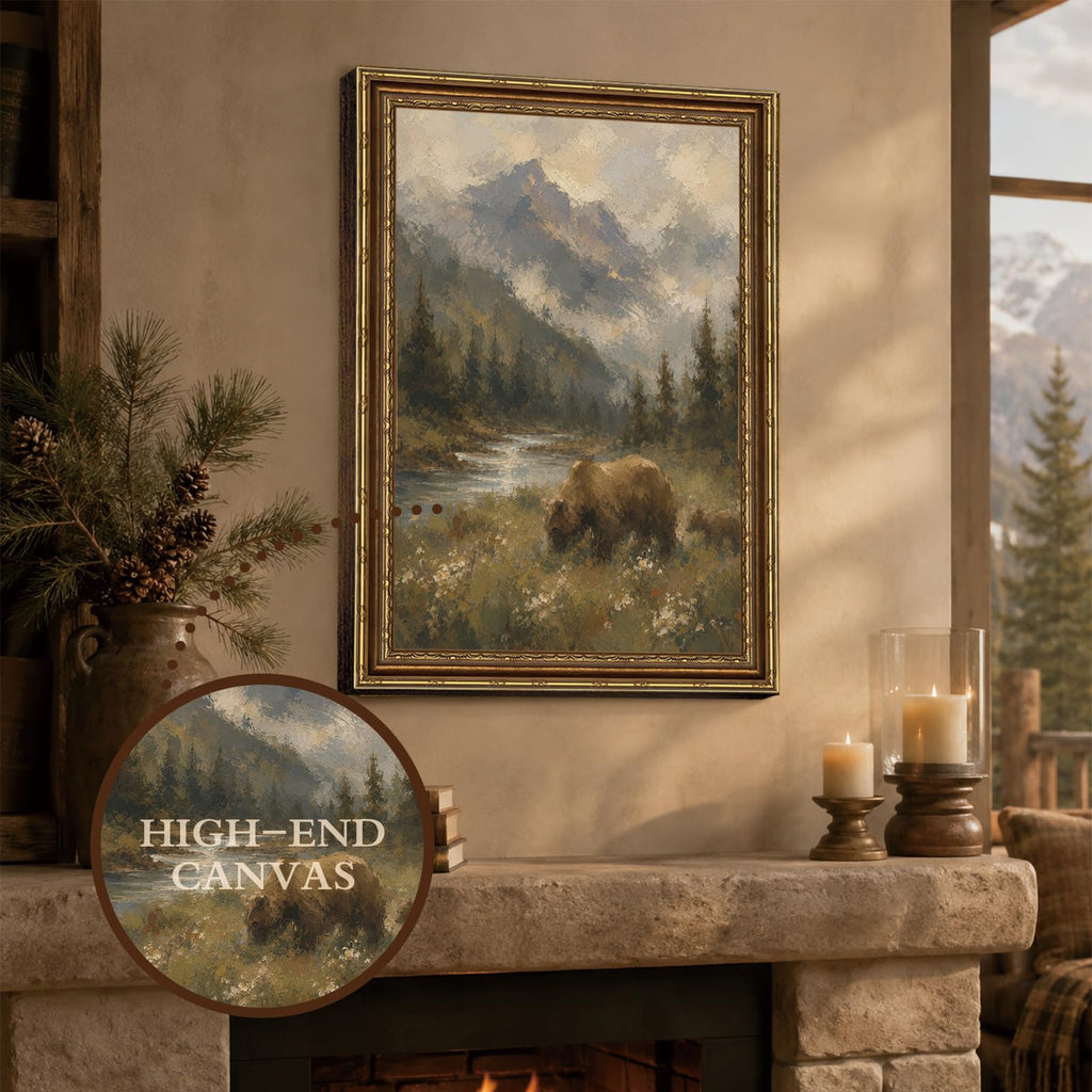 Brown Bear Mountain Forest Vintage Wildlife Animal Landscape Wall Art Print